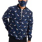 Biz Parrot Print Bomber with Matching Face Mask // Navy + White (S)