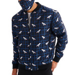 Biz Parrot Print Bomber with Matching Face Mask // Navy + White (S)