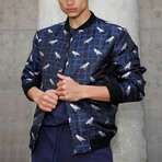 Biz Parrot Print Bomber with Matching Face Mask // Navy + White (S)