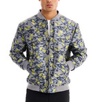 Omar Skull + Camo Print Bomber with Matching Face Mask // Gray + Neon (2XL)