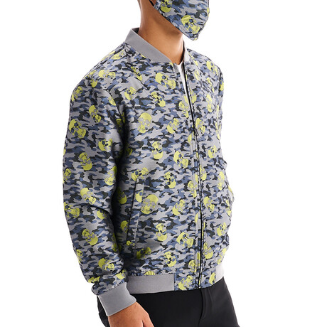 Omar Skull + Camo Print Bomber with Matching Face Mask // Gray + Neon (XS)