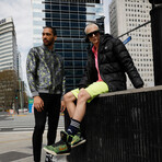 Omar Skull + Camo Print Bomber with Matching Face Mask // Gray + Neon (2XL)