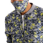 Omar Skull + Camo Print Bomber with Matching Face Mask // Gray + Neon (2XL)