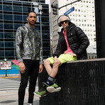 Omar Skull + Camo Print Bomber with Matching Face Mask // Gray + Neon (2XL)