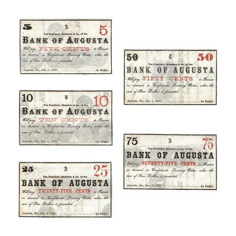 5, 10, 25, 50, 75 Cent Confederate Treasury Notes // 1863 Augusta, Georgia // Uncirculated