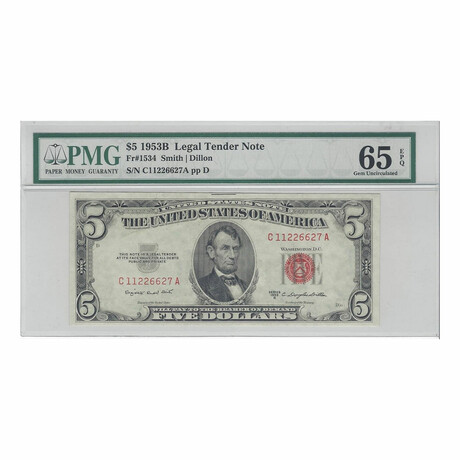 1953 B $5 Legal Tender // #627 // PMG 65 Gem Uncirculated EPQ