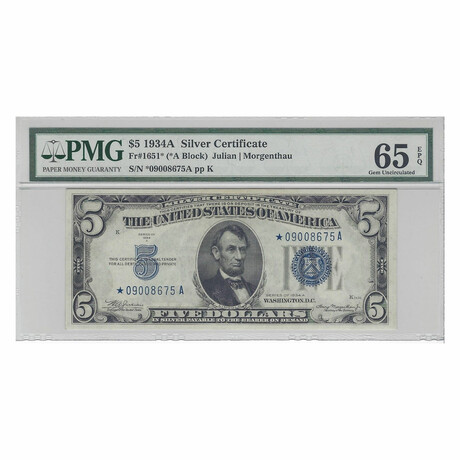 1934 A $5 Silver STAR Certificate // PMG 65 Gem Uncirculated EPQ #675