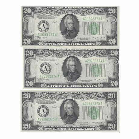 1934 $20 Federal Reserve // 3 Consecutive Notes #374-375 // Gem Uncirculated