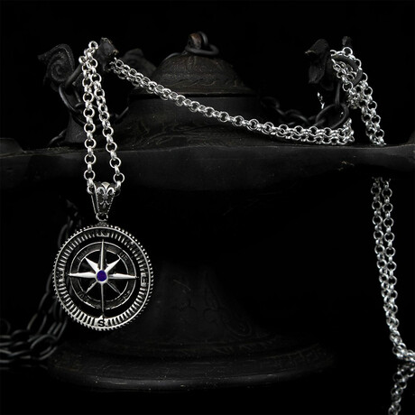 925 Sterling Silver Compass Necklace with Sapphire Stone