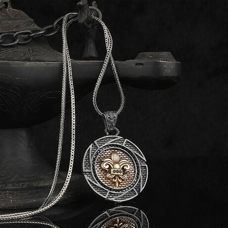 925 Sterling Silver Black Zircon Stone Fleur-de-lis Necklace V2