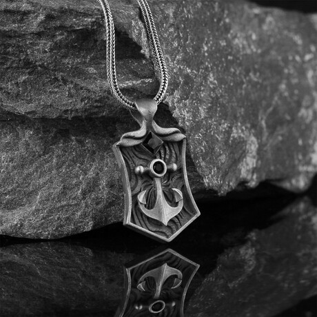 925 Sterling Silver Black Zircon Stone Anchor Necklace