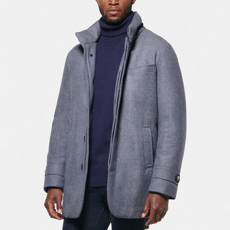 Hooded Cashmere Wool Car Coat // Light Gray + Blue Herringbone (XXS)