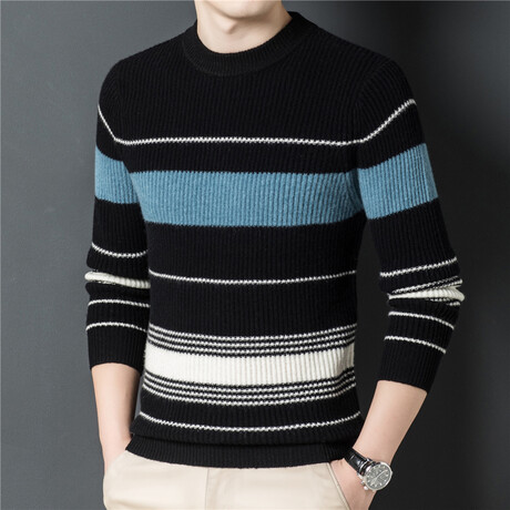 002 Crewneck Merino Wool Striped Sweater // Black + White + Light Blue (S)