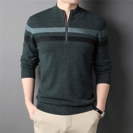 063 Zip Up Merino Wool Striped Sweater // Dark Green + Black + Light Blue (S)