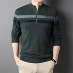 063 Zip Up Merino Wool Striped Sweater // Dark Green + Black + Light Blue (L)