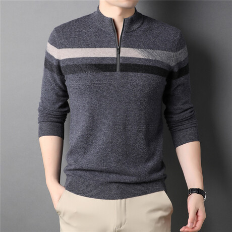 062 Zip Up Merino Wool Striped Sweater // Dark Gray + Black + Tan (S)