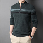 063 Zip Up Merino Wool Striped Sweater // Dark Green + Black + Light Blue (3XL)