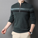 063 Zip Up Merino Wool Striped Sweater // Dark Green + Black + Light Blue (3XL)