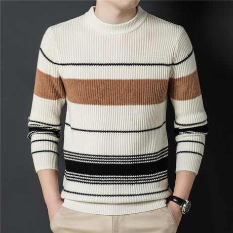 003 Crewneck Merino Wool Striped Sweater // Beige + Tan + Navy Blue (S)