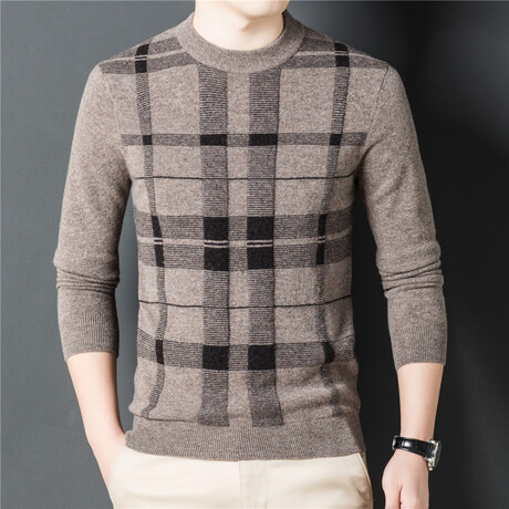 061 Crewneck Merino Wool Plaid Sweater // Tan (S)