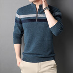 064 Zip Up Merino Wool Striped Sweater // Medium Blue + Navy Blue + Tan (S)