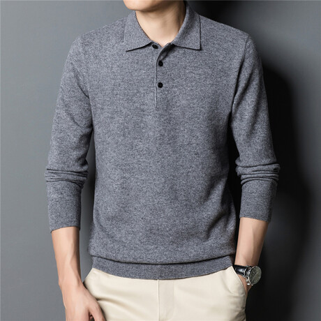 017 Button Up Neck Merino Wool Sweater // Gray (S)