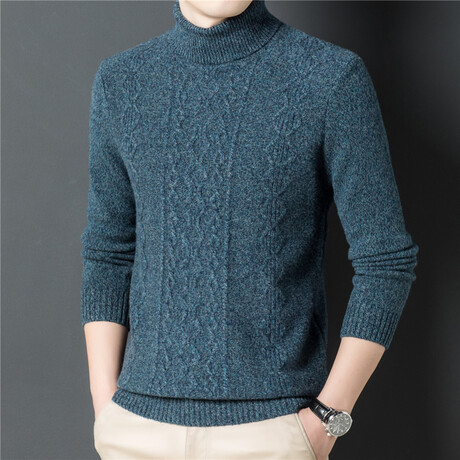 012 Turtleneck Merino Wool Knit Pattern Sweater // Medium Blue (S)