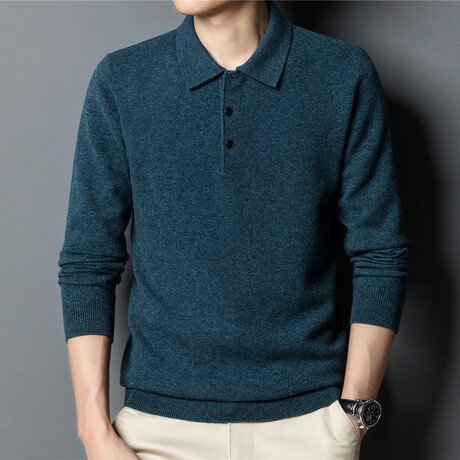 020 Button Up Neck Merino Wool Sweater // Aqua Blue (S)