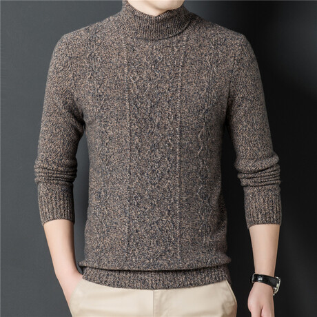 011 Turtleneck Merino Wool Knit Pattern Sweater // Beige (S)