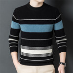 002 Crewneck Merino Wool Striped Sweater // Black + White + Light Blue (M)