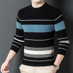 002 Crewneck Merino Wool Striped Sweater // Black + White + Light Blue (XL)