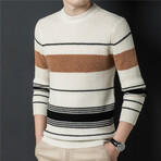 003 Crewneck Merino Wool Striped Sweater // Beige + Tan + Navy Blue (2XL)