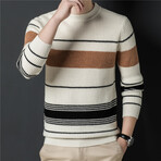 003 Crewneck Merino Wool Striped Sweater // Beige + Tan + Navy Blue (2XL)