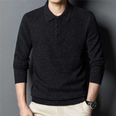 019 Button Up Neck Merino Wool Sweater // Dark Gray (S)