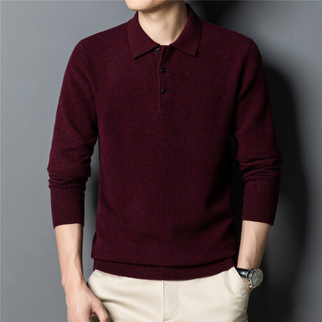 022 Button Up Neck Merino Wool Sweater // Burgandy (S)