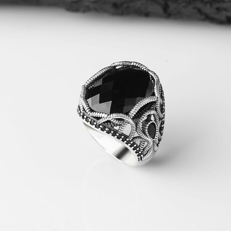 925 Sterling Silver Black Zircon Stone Men's Ring // Style 1 // Silver + Black (6.5)