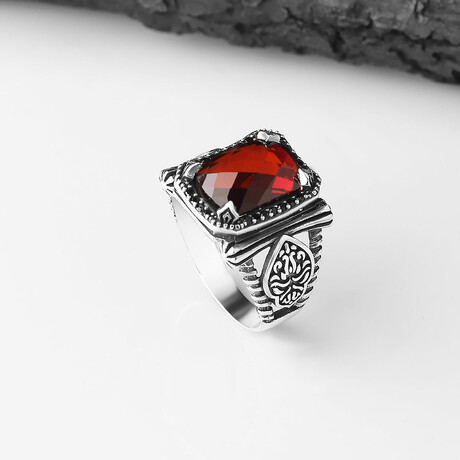 925 Sterling Silver Garnet Stone Men's Ring // Style 3 // Silver + Red (6.5)