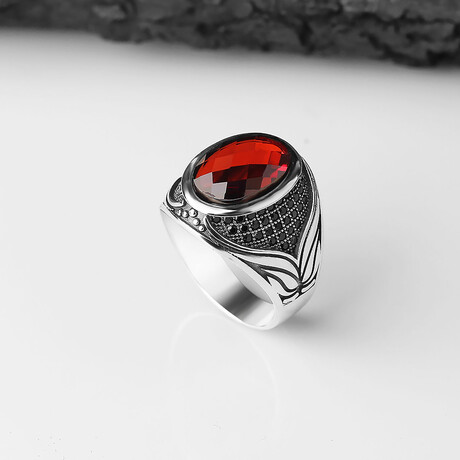 925 Sterling Silver Garnet Stone Men's Ring // Style 2 // Silver + Red (6.5)
