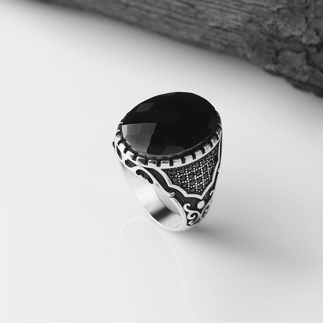 925 Sterling Silver Black Zircon Stone Men's Ring // Style 5 // Silver + Black (6.5)