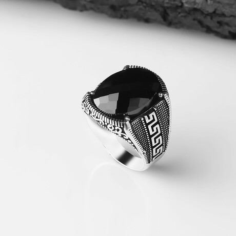 925 Sterling Silver Black Zircon Stone Men's Ring // Style 4 // Silver + Black (6.5)