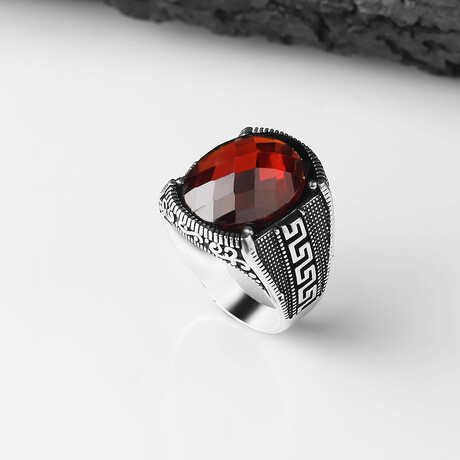 925 Sterling Silver Garnet Stone Men's Ring // Style 7 // Silver + Red (6.5)