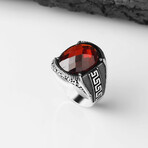 925 Sterling Silver Garnet Stone Men's Ring // Style 7 // Silver + Red (7)