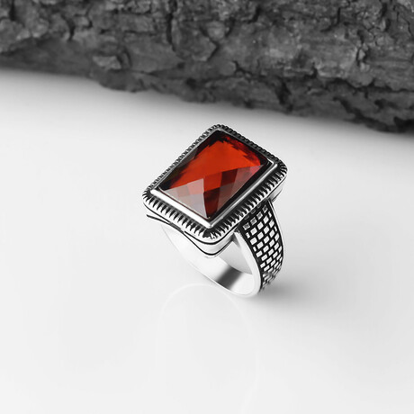 925 Sterling Silver Garnet Stone Men's Ring // Style 6 // Silver + Red (6.5)