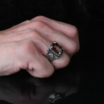 925 Sterling Silver Garnet Stone Men's Ring // Style 3 // Silver + Red (9.5)