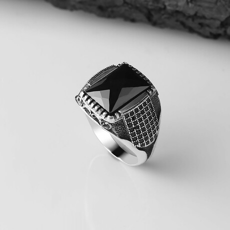 925 Sterling Silver Black Zircon Stone Men's Ring // Style 2 // Silver + Black (6.5)