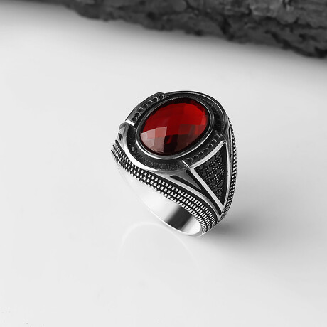 925 Sterling Silver Garnet Stone Men's Ring // Style 4 // Silver + Red (6.5)