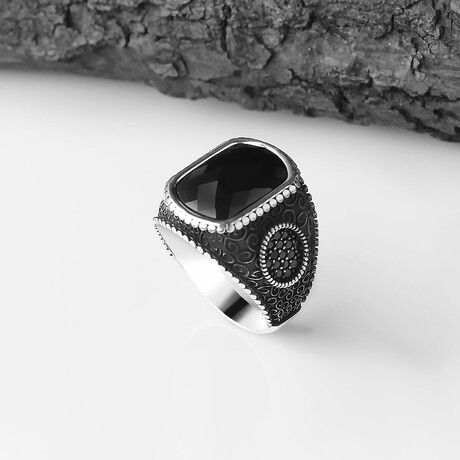 925 Sterling Silver Black Zircon Stone Men's Ring // Style 3 // Silver + Black (6.5)