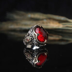 925 Sterling Silver Garnet Stone Men's Ring // Style 1 // Silver + Red (6.5)
