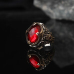925 Sterling Silver Garnet Stone Men's Ring // Style 1 // Silver + Red (10.5)