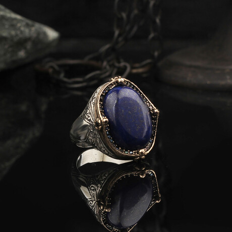 925 Sterling Silver Lapis Lazuli Stone Men's Ring // Silver + Mavi (6.5)